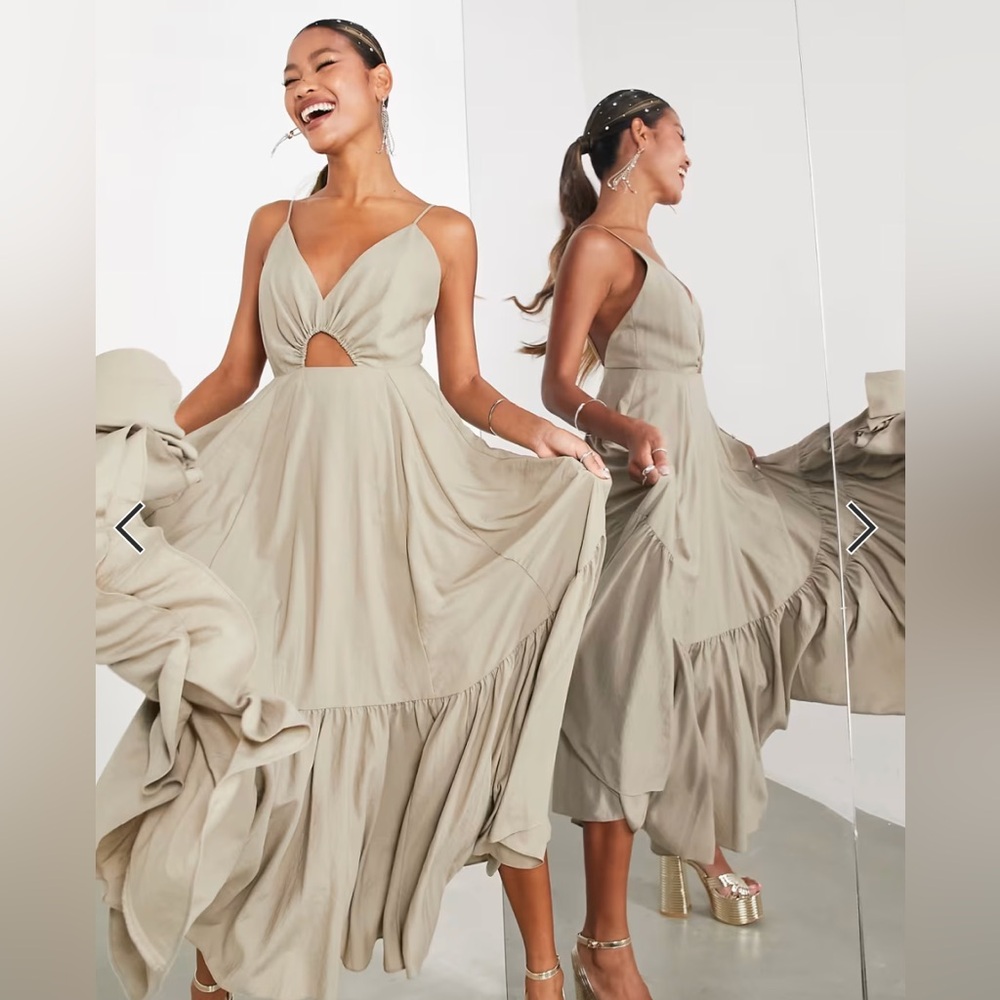 ASOS EDITION Full Cami Dress with Tiered Hem and Cut-out Detail in Sand US 2